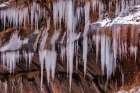 Icicles hang on red rock in Zion National Park, Utah, USA Art Print